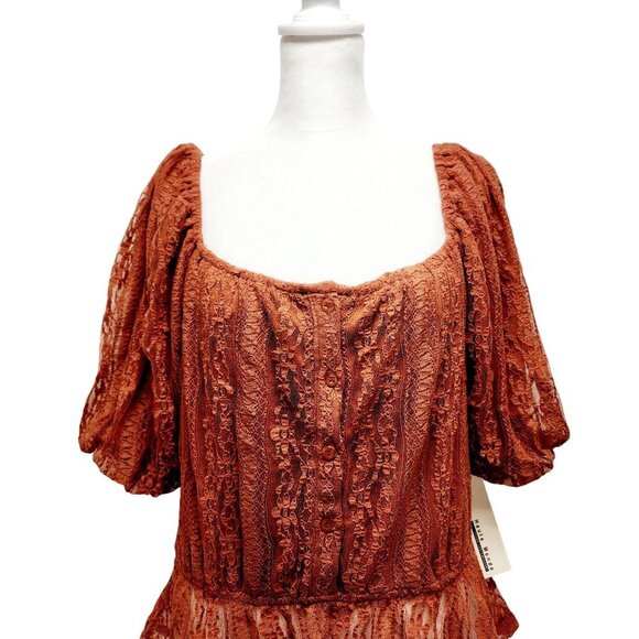Rust Lace Peplum Blouse With Puff Sleeves & Satin Back-Tie Detail Size L - Picture 5 of 14